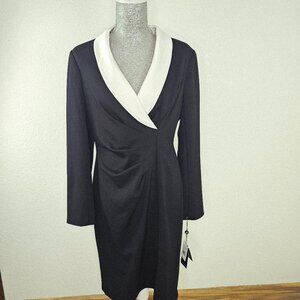 Adrianna Papell Tuxedo Black Ivory Knit Crepe & Satin Sheath Dress Size 12